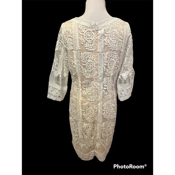 Soieblu •Women 1XL• Ivory Sheer Embroidered Lace Nude Underlay Dress Bell Sleeve - Picture 2 of 8